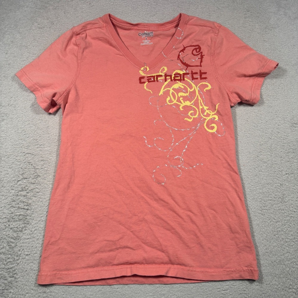 Y2K Carhartt T-Shirt Women S Pink V-Neck Graphic Embroidered Logo Tee Fitted